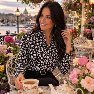 Chaps Petite Floral Button Down Blouse Black White Small No-Iron Classic